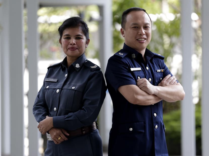 Ms Rohani Bte Ahmand, 53, currently deployed at Changi Airport under Certis CISCO Aviation Security, and Assistant Superintendent of Police (ASP) Low Kay Wee with the Jurong Division were among the 52 individuals who received commendation certificates from Commissioner of Police Hoong Wee Teck at the Commissioner of Police’s Commendation Ceremony on Monday (Feb 6). Photo: Wee Teck Hian/TODAY