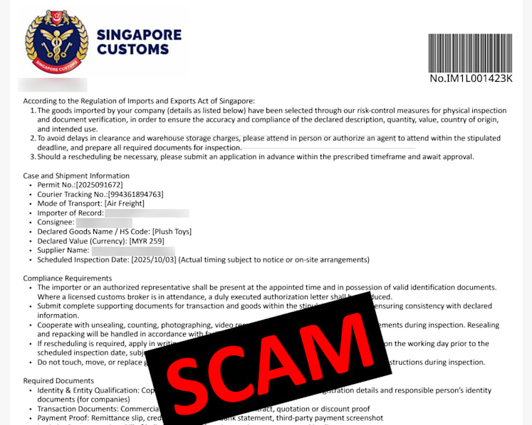 Singapore Customs warns of two new parcel scam variants