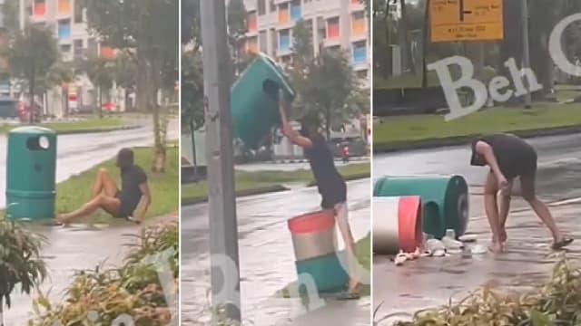 男子不慎滑倒 竟扔垃圾桶泄愤