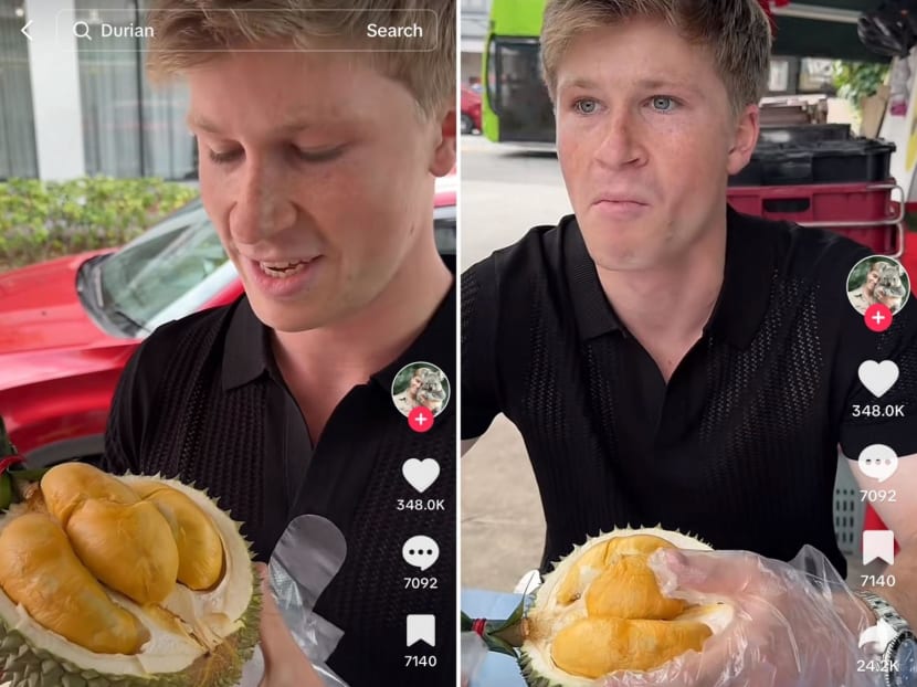 Screenshots from a video showing Australian wildlife advocate and television host Robert Irwin sampling a durian seed.