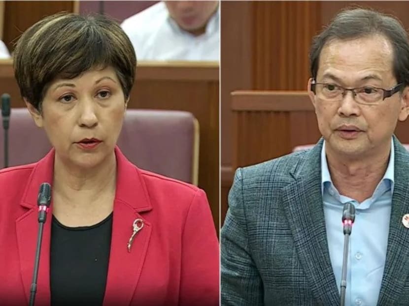 Leader of the House Indranee Rajah (left) and Mr Leong Mun Wai from the Progress Singapore Party in Parliament on July 5, 2023. Leader of the House Indranee Rajah (left) and Mr Leong Mun Wai from the Progress Singapore Party in Parliament on July 5, 2023.