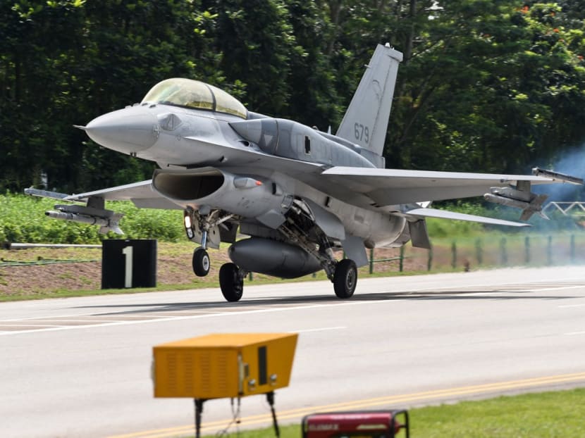 An F-16 plane of the Republic of Singapore Air Force landing on a public road in Lim Chu Kang during a media preview in 2016. An F-16 plane of the Republic of Singapore Air Force landing on a public road in Lim Chu Kang during a media preview in 2016.