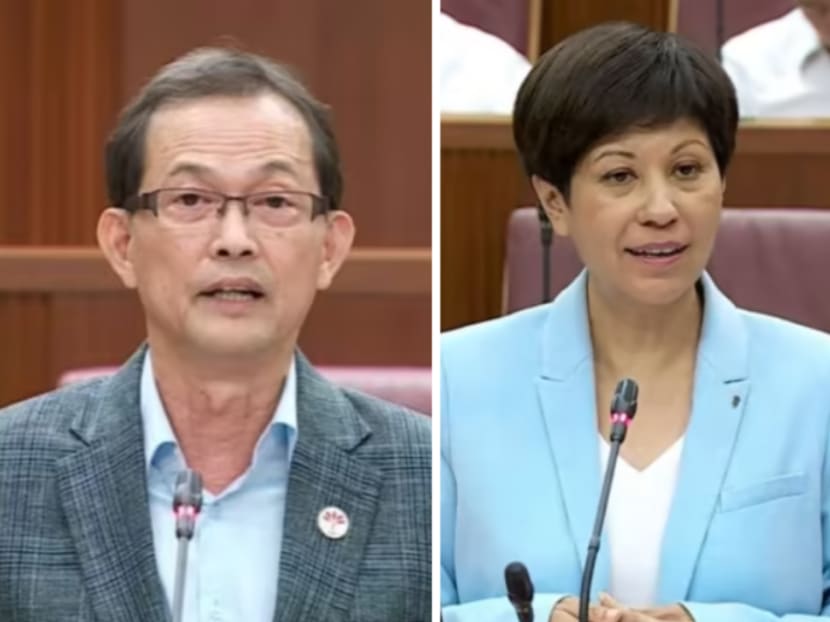 Ms Indranee Rajah and Mr Leong Mun Wai speaking in Parliament on May 8, 2023. Ms Indranee Rajah and Mr Leong Mun Wai speaking in Parliament on May 8, 2023.