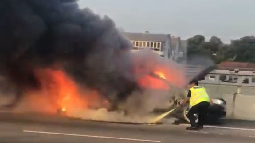 Car catches fire along CTE