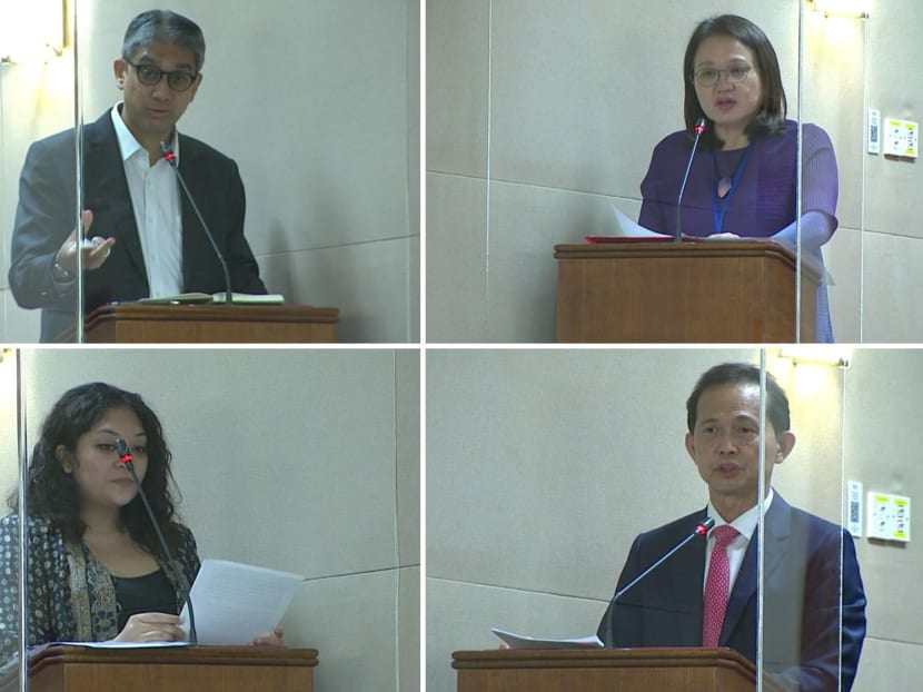 (Clockwise from top left:) The Workers' Party's (WP) Mr Leon Perera and Ms Silvia Lim, Progress Singapore Party's Mr Leong Mun Wai and WP's Ms Raeesah Khan, who all spoke in Parliament on Sept 1, 2020. (Clockwise from top left:) The Workers' Party's (WP) Mr Leon Perera and Ms Silvia Lim, Progress Singapore Party's Mr Leong Mun Wai and WP's Ms Raeesah Khan, who all spoke in Parliament on Sept 1, 2020.