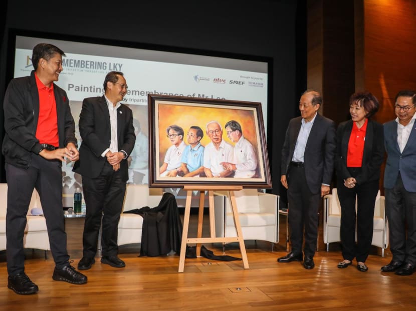 From left: Mr Ng Chee Meng, secretary-general of the National Trades Union Congress (NTUC), Manpower Minister Tan See Leng, Mr Stephen Lee, chairman of Tripartite Alliance Limited, Ms Mary Liew, president of NTUC, and Mr John Ng, vice-president of the Singapore National Employers Federation, unveiling an artwork featuring the late Lee Kuan Yew (second from right in painting) at the Tripartite Collective Dialogue on Sept 6, 2023. 