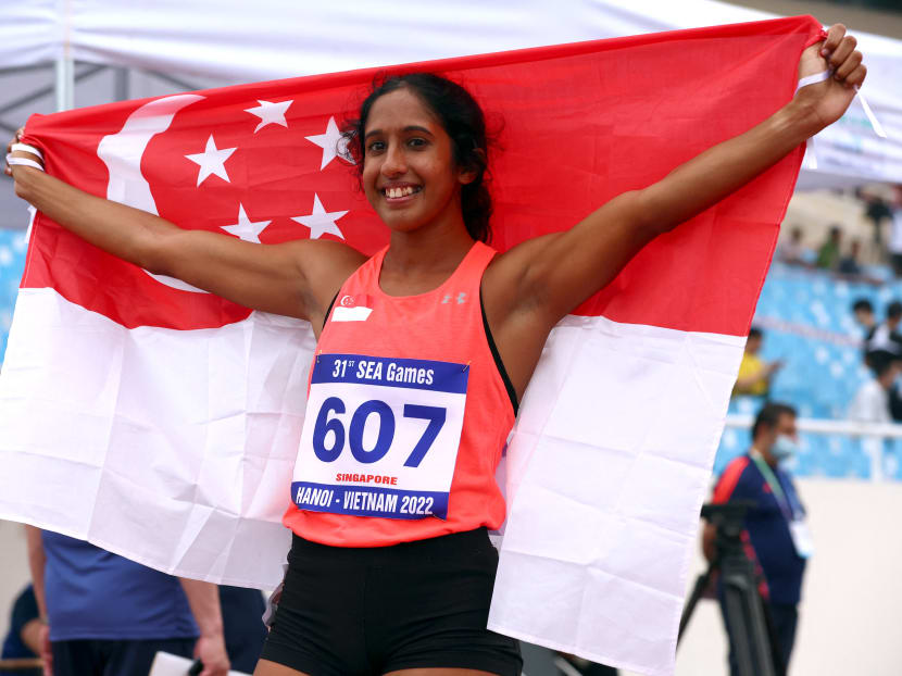 Shanti Pereira after the 200m final at the SEA Games in Vietnam on May 14, 2022, where she won the gold medal with a new national record of 25.52s. Shanti Pereira after the 200m final at the SEA Games in Vietnam on May 14, 2022, where she won the gold medal with a new national record of 25.52s.