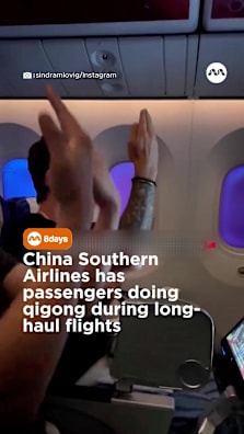 China Southern’s wellness programme has passengers doing qigong at 30,000 feet on long-haul flights #8dayssg #8dayssgtrending #chinasouthern #qigong #taichi 
