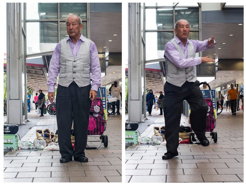 Combination photo shows Mr Roland Chua Kim Seng, a busker, dancing. Photo: Wong Pei Ting/TODAY