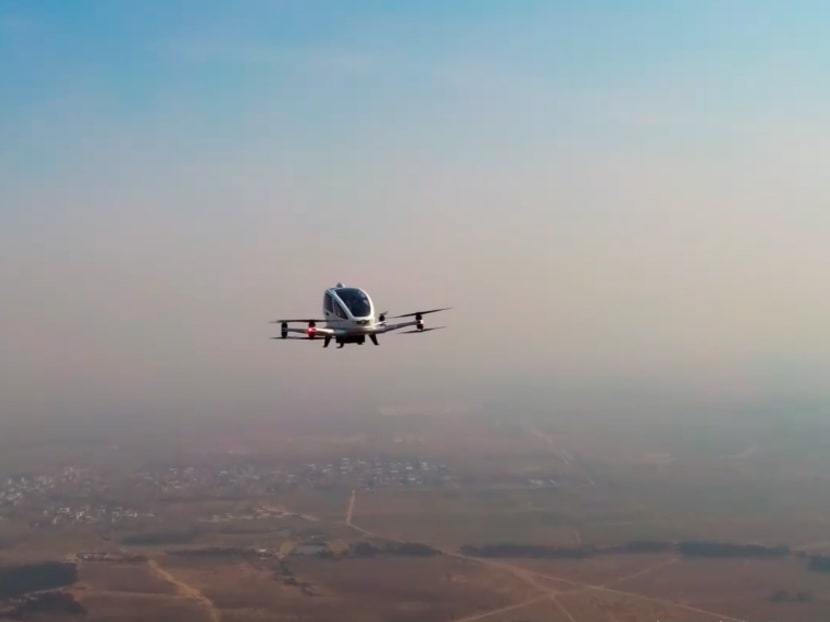 The Ehang 184 drone on one of a series of manned test flight. Earlier this month, the drone flew the passengers on round trips of up to 15km, with some reaching the top speed of 130km per hour. Photo: Facebook/Ehang