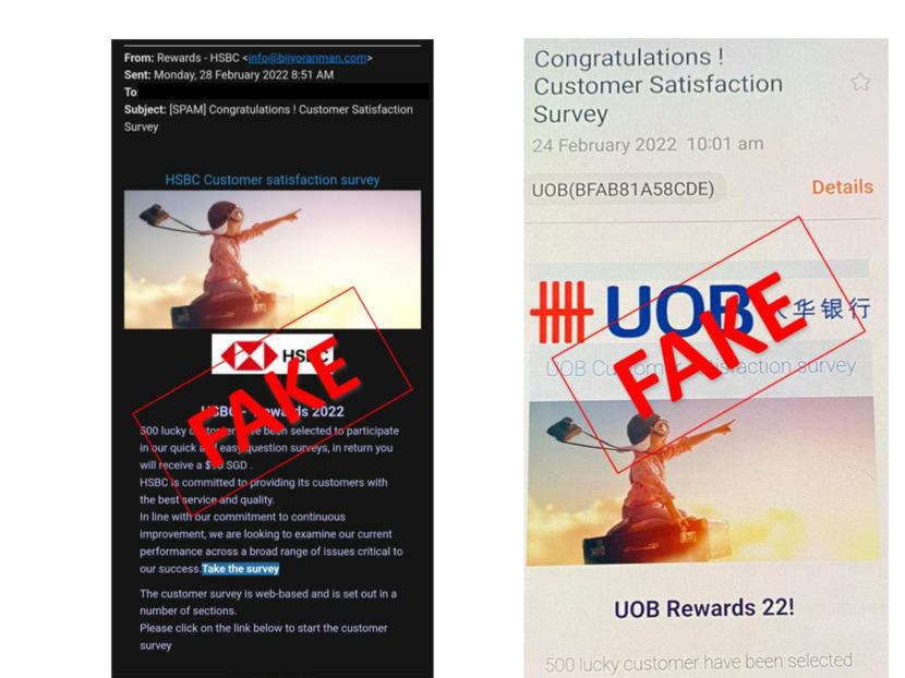 Messages and emails that appear to be sent by banks asking people to take surveys have been circulating, the police said. Messages and emails that appear to be sent by banks asking people to take surveys have been circulating, the police said.