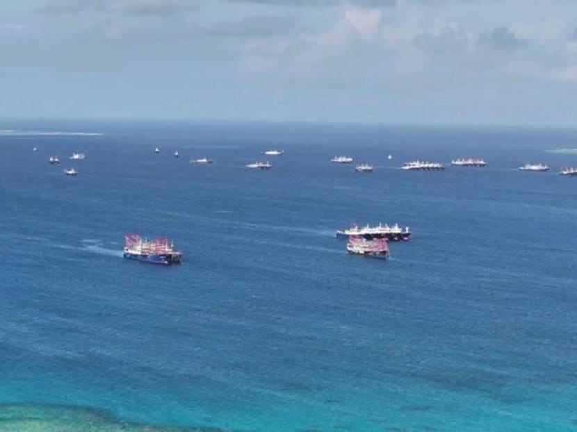 FILE PHOTO: Chinese militia vessels operate at Whitsun Reef in the South China Sea, December 2, 2023. Philippine Coast Guard/Handout via REUTERS/File Photo