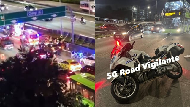 在PIE往机场方向出车祸 一警员失控打滑送院