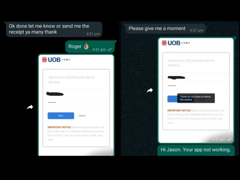 WhatsApp text conversations between Mr Singh and the egg "seller", with Mr Singh sending screenshots of a login page where he keyed in his bank details.

