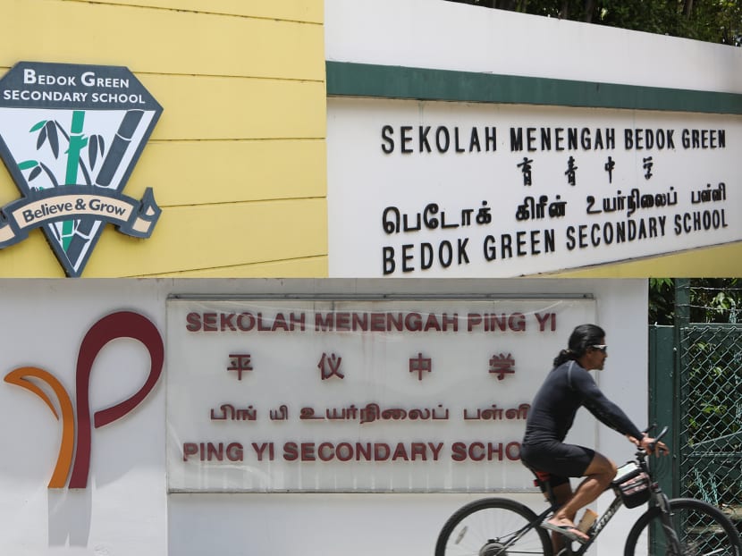 A composite photo of Bedok Green Secondary School and Ping Yi Secondary School. Four pairs of primary schools and five pairs of secondary schools will merge from 2022 to 2024.