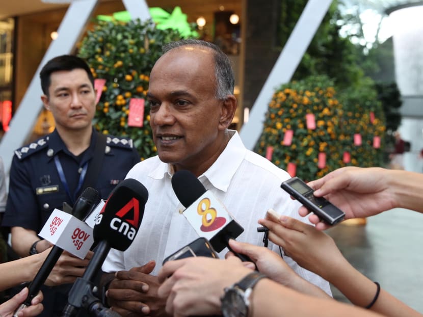 Home Affairs Minister K Shanmugam speaks to reporters during a visit to Changi Airport on Feb 2, 2020.