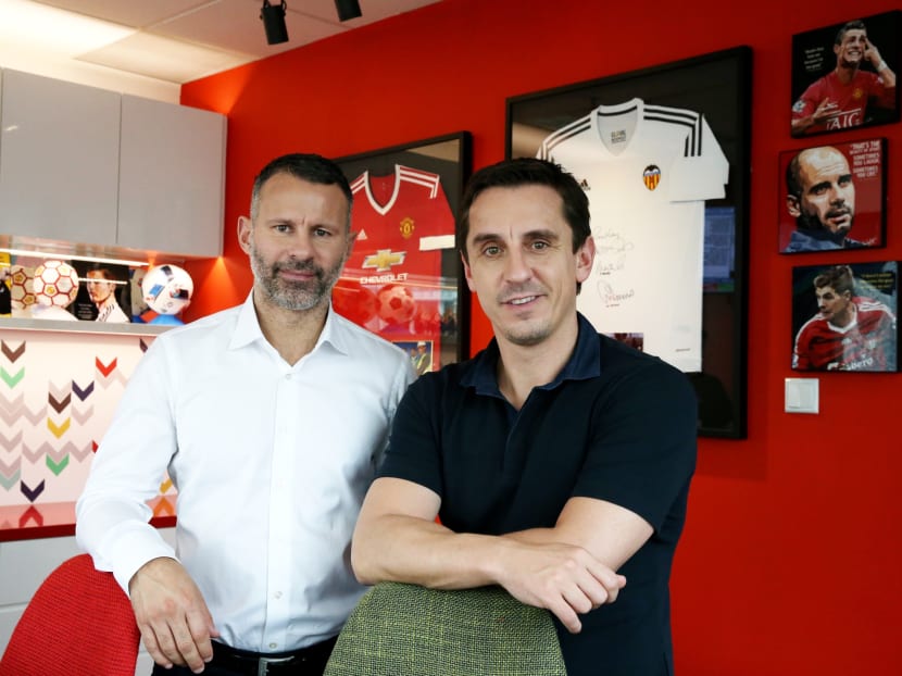 Ryan Giggs and Gary Neville in Singapore on Wednesday (Oct 26). Photo: Koh Mui Fong/TODAY