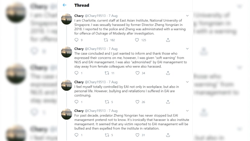 NUS’ East Asian Institute looking into allegations by staff member that she was bullied for reporting case of sexual harassment
