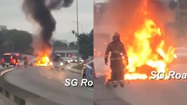 淡滨尼路上轿车起火 整辆车被大火吞噬
