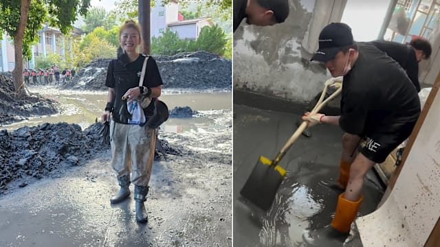 花莲洪水满地泥泞，艺人网红当志工前往救灾