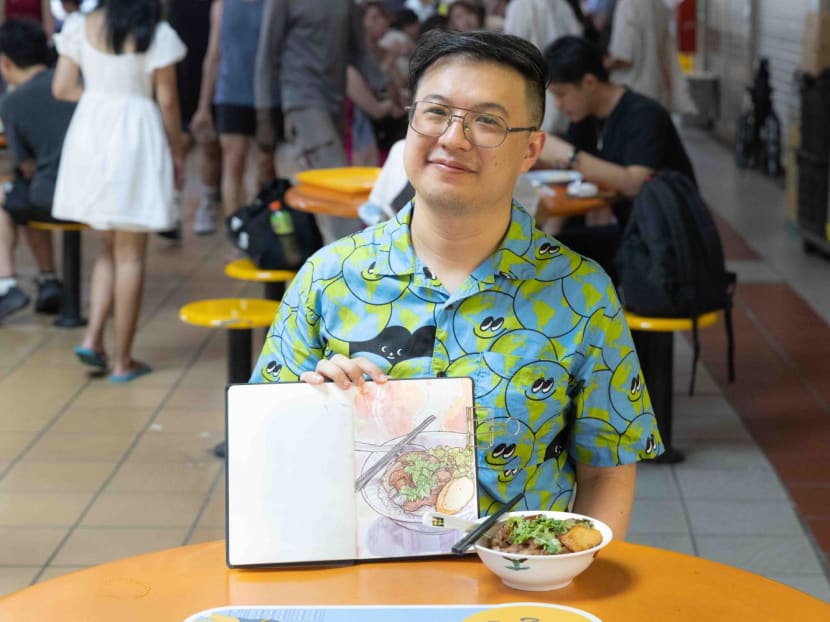 Mr James Lim draws and paints pictures of hawker food and passers-by in his free time. Mr James Lim draws and paints pictures of hawker food and passers-by in his free time.