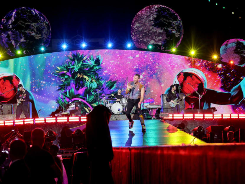 British band Coldplay performs onstage at Rose Bowl Stadium on Sept 30, 2023 in Pasadena, California