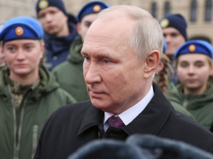 Russian President Vladimir Putin during a flower-laying ceremony at the monument to Kuzma Minin and Dmitry Pozharsky while marking Russia's Day of National Unity in Red Square in central Moscow, Russia on Nov 4, 2023.