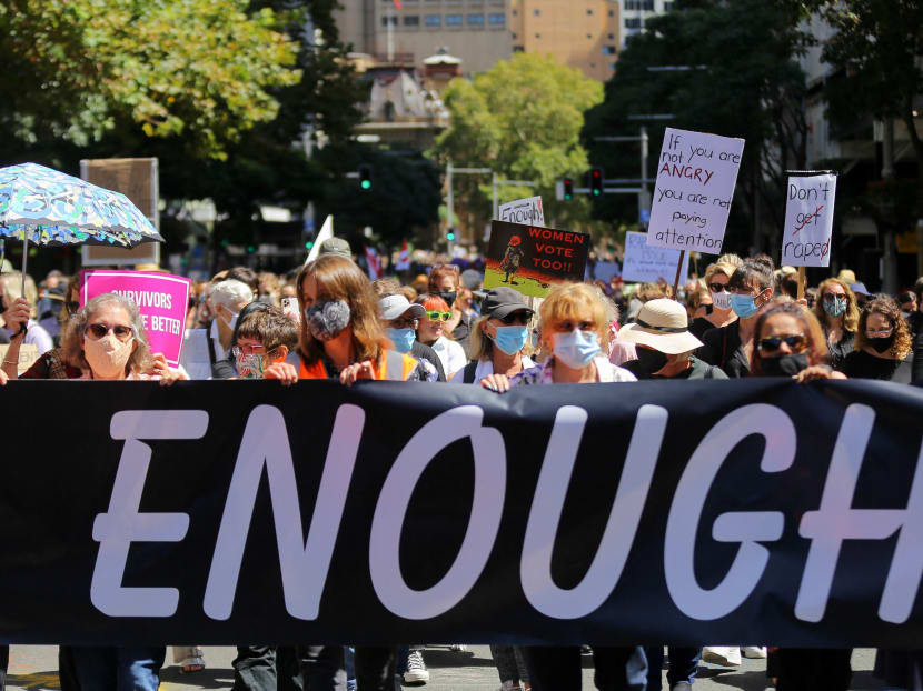 Protesters attend a rally against sexual violence and gender inequality in Sydney, Australia on March 15, 2021.