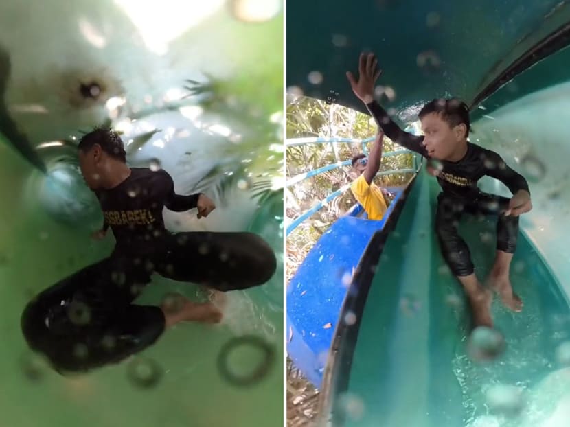 Screenshots from a video showing TikTok user "jamii.talib" getting stuck on a water slide and escaping through an emergency exit hatch.