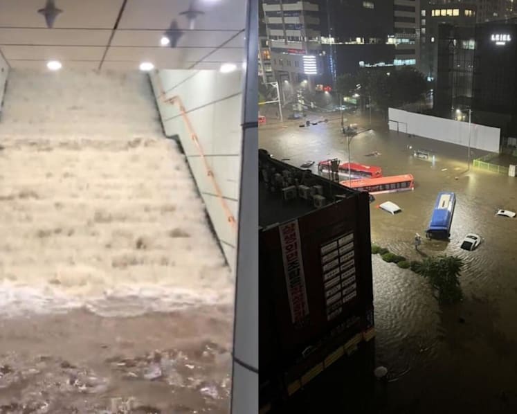 Heavy rain in Seoul floods train stations, submerges vehicles
