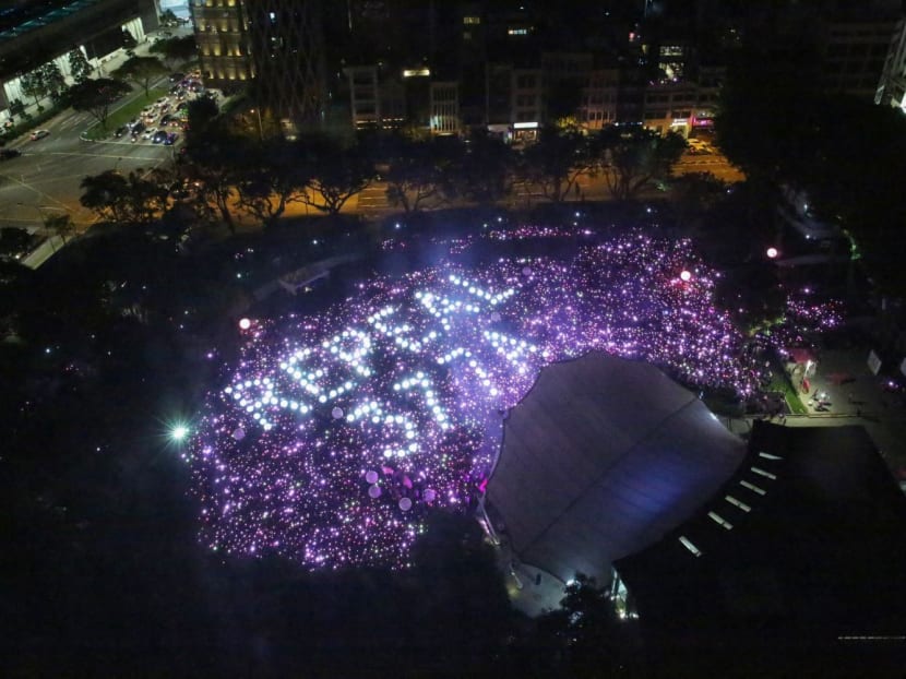A light-up at the Pink Dot gathering in Hong Lim Park on June 29, 2019. A light-up at the Pink Dot gathering in Hong Lim Park on June 29, 2019.