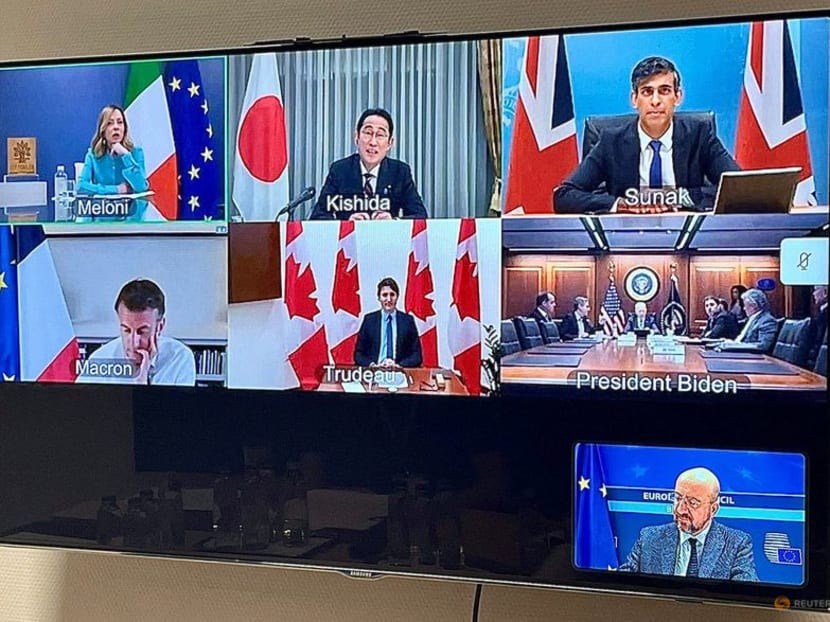 G7 leaders discuss Iranian attack on Israel over a video meeting in this picture obtained from social media, Brussels, Belgium, on April 14, 2024.  