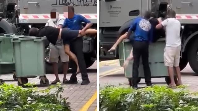 三男在组屋区打架 其中一人遭对手合力扔进垃圾箱