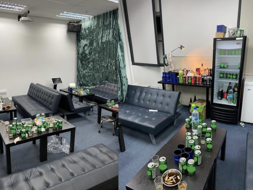 The scene from a gathering in an office unit along Jalan Bukit Merah where 19 men and seven women were allegedly found mingling, drinking and singing.