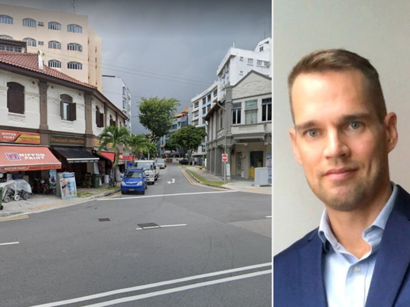 The intersection of Sims Avenue and Lorong 33 Geylang where cyclist Salminen Toni Timo (right) crashed into pedestrian Chew Fook Yew, who later died of his injuries.