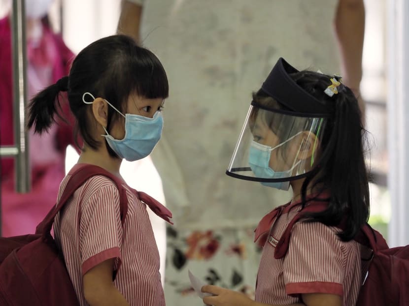Students from St James Church Kindergarten wearing face masks and shields on June 2, 2020 as they return to school. Students from St James Church Kindergarten wearing face masks and shields on June 2, 2020 as they return to school.