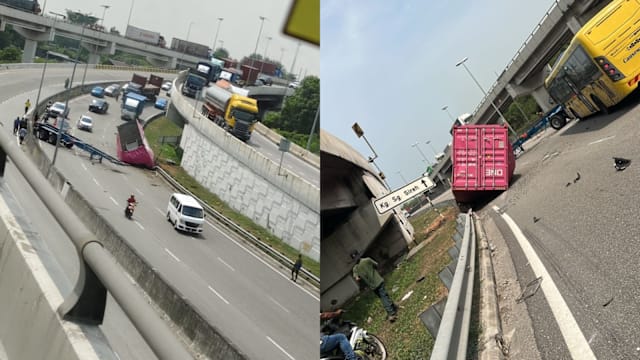 马国罗厘转弯失控货柜坠桥险酿事故