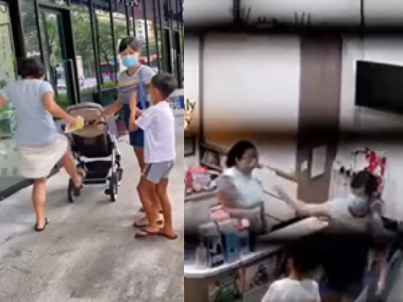 Screenshots of a video showing an Everhealth clinic staff member kicking a pram outside the clinic (left), and of a woman arguing with the staff member at the clinic's reception area (right).