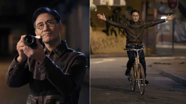 张学友放开双手骑脚车　结果因路面不平惨摔
