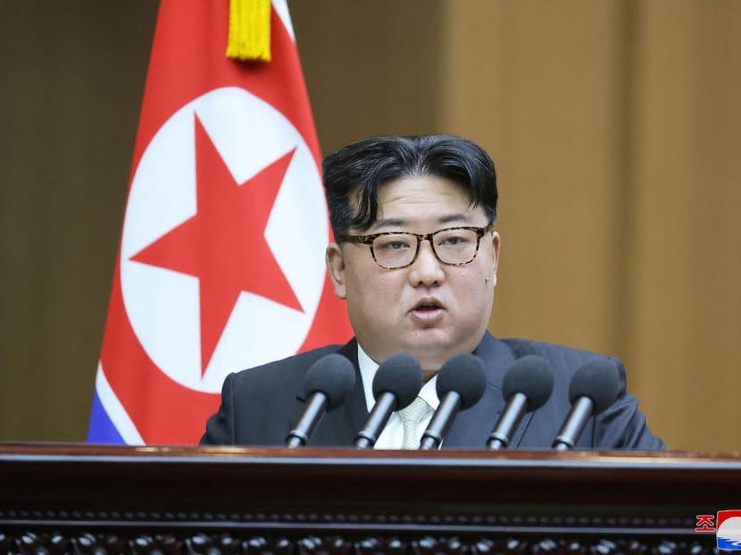 This picture taken on Jan 15, 2024 and released from North Korea's official Korean Central News Agency (KCNA) via KNS on Jan 16, 2024 shows North Korea's leader Kim Jong Un speaking at a session of the Supreme People's Assembly (National Assembly) at the Mansudae Assembly Hall in Pyongyang.