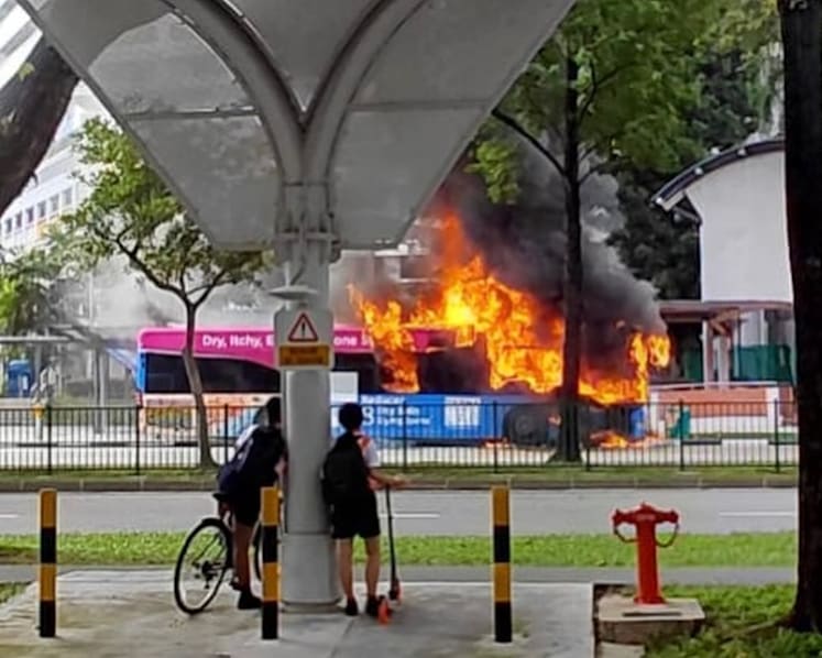 SMRT bus catches fire near Woodgrove Primary School in Woodlands; no injuries reported