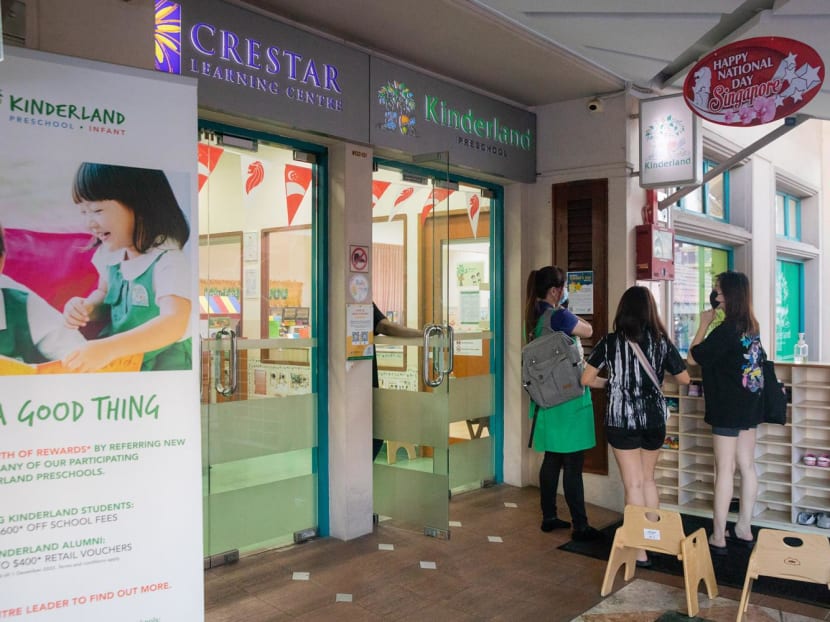 A former preschool teacher at Kinderland@Woodlands Mart (pictured) who was filmed rough handling and hitting children was charged on Aug 30, 2023 with ill-treating a child.
