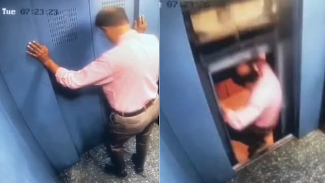步出电梯门未关突上升 印度男子险被夹