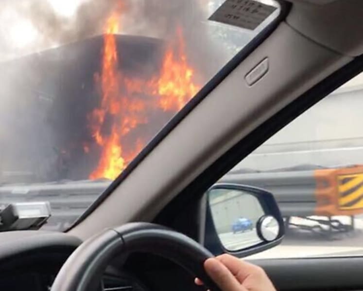 Burning bus on Marina Coastal Expressway causes closure of ECP exit lane