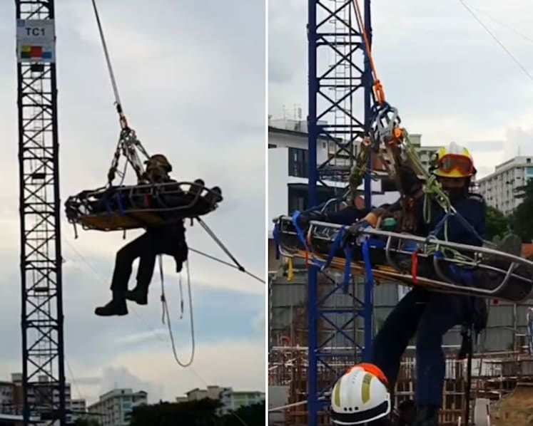 SCDF responders rescue injured worker from 40m-high crane