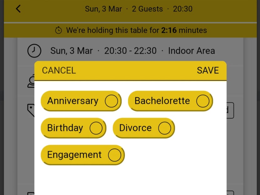 A screenshot of an online reservation form for Mexican-Indian restaurant Ms Maria & Mr Singh, showing an option to select "divorce" as a special occasion.
