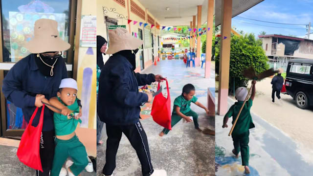 泰幼儿园老师扮绑匪闯教室 男童扫把反击成笑点