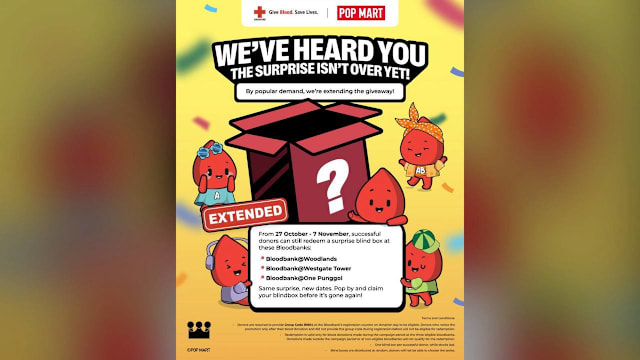 新加坡红十字会同泡泡玛特合作 公众捐血可获盲盒