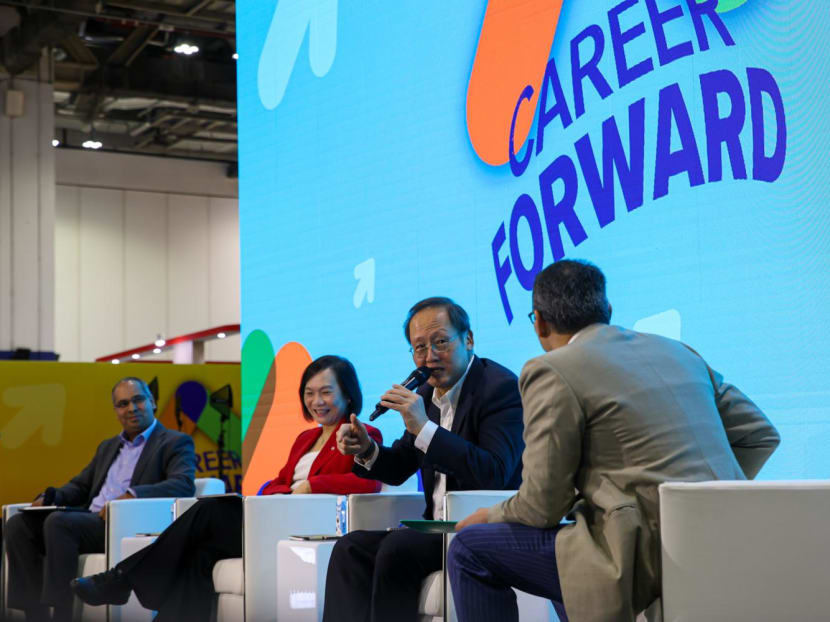 Manpower Minister Tan See Leng (holding microphone), with OCBC group chief executive officer Helen Wong and Dr Bicky Bhangu, co-lead of Action for Alliance on Widening Access to Talent, at the panel discussion on March 23, 2024. 