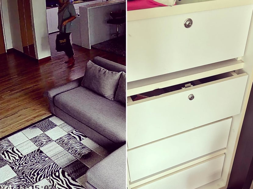 In-house surveillance footage of Maemanah at her employer's home (left) and the tampered drawer (right) where she retrieved her passport.